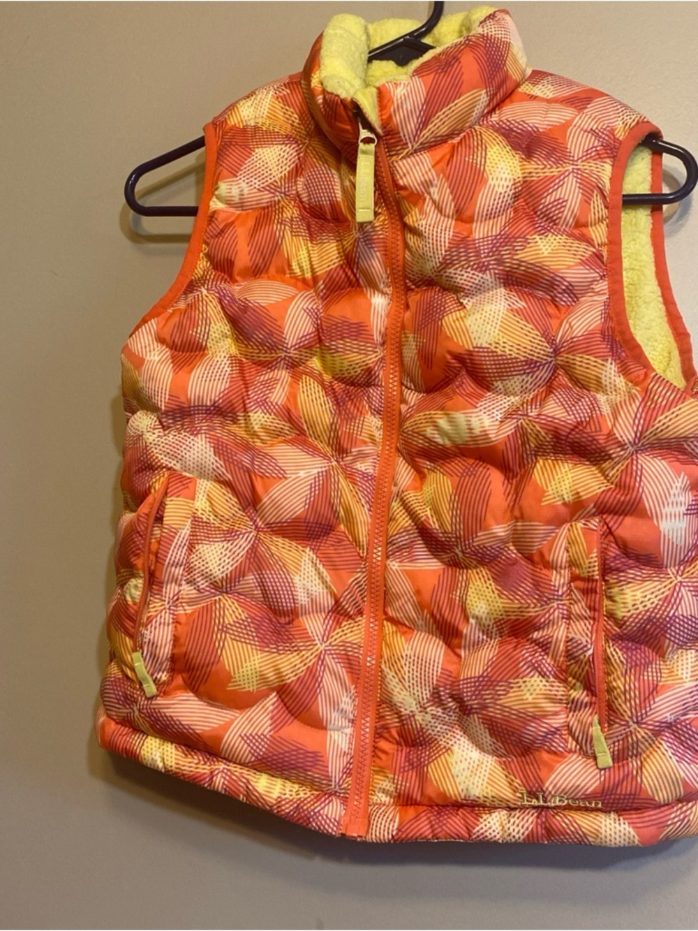 L.L. Bean Girls DownTek Puffer Vest M 10-12 Orange Yellow Print Fleece Lined